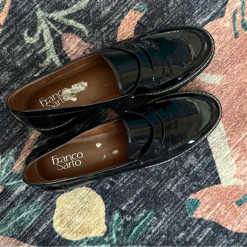 EUC Franco Sarto Cassandra Penny Loafers Black Round Toe Block Heel Shoes 11